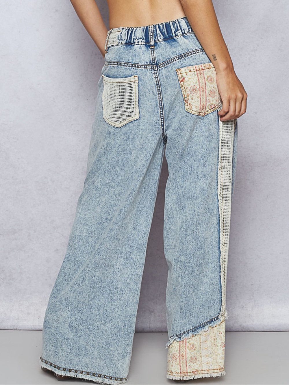 POL Light Blue Distressed Wide Leg Jeans with Cream Patch Details - Picture 4 of 5